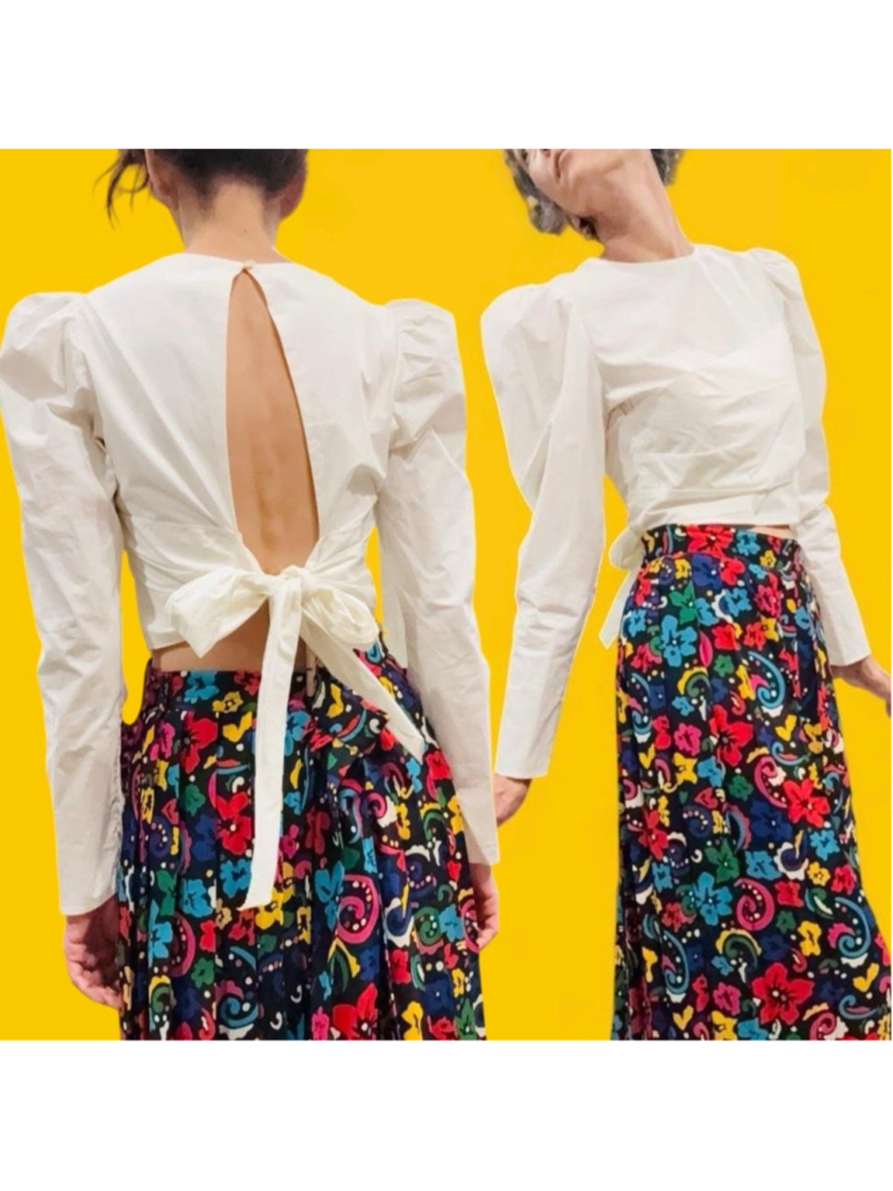 WHITEROOM + CACTUS White Cotton Puff Sleeve Open Back Tie Crop Top XS